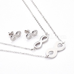 304ステンレススチールジュエリーセット  スタッドピアスとペンダントネックレス＆ブレスレット  無限大  ステンレス鋼色  ネックレス：18.9インチ（48cm）  スタッドピアス：13x7x1.2mm  ピン：0.8mm  1セット&nbsp;SJEW-FS0001-01