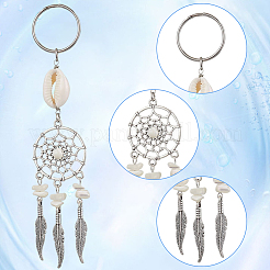 2 комплект брелоков из сплава в тибетском стиле с натуральными ракушками и синтетической бирюзой KEYC-SP0001-33