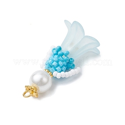 ガラスシードビーズの花の置物ペンダント  ガラスパールとアクリル  ディープスカイブルー  33x18x17.5mm  穴：2.5mm&nbsp;PALLOY-MZ00686-04