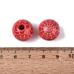 ハロウィン プリント クモの巣 カラー木製ヨーロッパ ビーズ  大穴ビーズ  ラウンド  レッド  16mm  穴：4mm&nbsp;WOOD-K007-04E