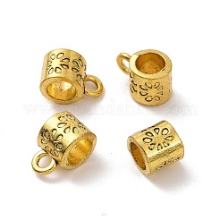 チベットスタイルの合金チューブベイル  ループベイル  花付きチューブ  アンティーク黄金  11x7x7mm  穴：2mm  内径：4.8mm  1250個/ 1000g&nbsp;FIND-H038-51AG