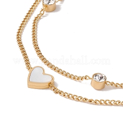 Tobillera de dos capas con eslabones de corazones y rhinestone&nbsp;AJEW-I064-02G-02