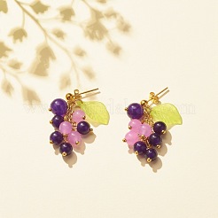 Серьги-гвоздики с подвесками из натурального малайзийского нефрита с акриловыми листьями EJEW-JE04912