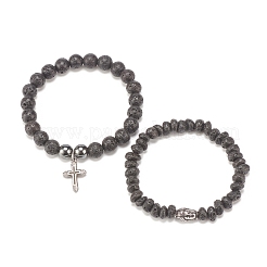 Juego de 2 pulsera elástica de 2 estilos de roca de lava natural y hematita sintética con cabeza y cruz budista de acero inoxidable 304&nbsp;BJEW-JB08289
