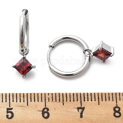 304ステンレススチールマイクロパヴェキュービックジルコニアフープピアス  菱形  ステンレス鋼色  暗赤色  20mm  ピン：0.8mm&nbsp;STAS-R004-01P-02
