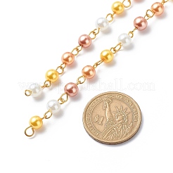 ハンドメイドガラスパールラウンドビーズチェーン  真鍮製アイピン付き  溶接されていない  きいろ  13x6mm  約3.28フィート（1m）/箱&nbsp;AJEW-SZ0002-40E