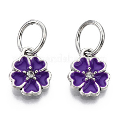 エナメル風の花の合金ラインストーンチャーム  鉄パーツ  アンティークシルバー  インディゴ  13.5x11x3mm  穴：6mm&nbsp;ENAM-S085-04
