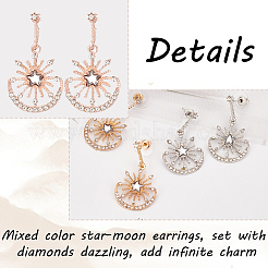 3 пара двухцветных серег-гвоздиков с подвесками в виде солнца и луны из хрустальных страз EJEW-AN0001-72