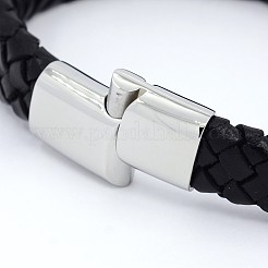 作るユニセックスカジュアルスタイル編みこみレザーブレスレット  304ステンレススチール留め具付き  ブラック  220x13x6mm&nbsp;BJEW-F119-10