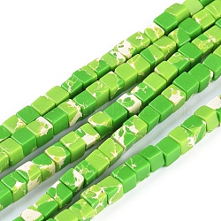 Brins de perles de jaspe impérial synthétiques, teinte, cube, lime green, 4.5x4.5x4.5mm, Trou: 0.8mm, Environ 84~85 pcs/chapelet, 14.9 pouce ~ 15.3 pouces (38~39 cm)