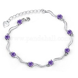 Bracelet chaîne à maillons en zircone cubique à barre torsadée, 925 bracelet en argent sterling pour fille femme, violet, platine