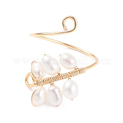 Copper Wire Wrapped Natural Cultured Freshwater Pearl Cuff Rings for Women, with Cardboard Jewelry Boxes, Light Gold, US Size 8 1/2(18.5mm), 1mm
