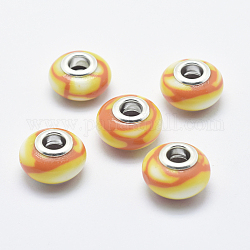 Handmade Polymer Clay European Beads, with Silver Color Plated Brass Cores, Large Hole Beads, Rondelle, Gold, 13~16x8~11mm, Hole: 4.5~5mm