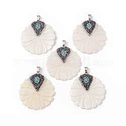 Natural Freshwater Shell Pendants, Flower Charms, with Platinum Plated Alloy Rhinestone Findings, Seashell Color, 48~50x45x4.5~6.5mm, Hole: 4x7mm