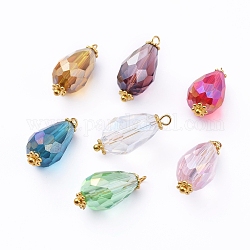 Electroplate Faceted Glass Pendants, with Alloy Flower Daisy Spacer Beads and Brass Findings, Teardrop, Golden, Mixed Color, 20~21x9.5mm, Hole: 1.5mm