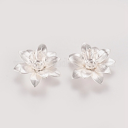 3d tappi di perline di ottone, fiore, multi-petalo, colore argento placcato, vassoio: 5mm, 16x6.5mm, Foro: 0.8 mm
