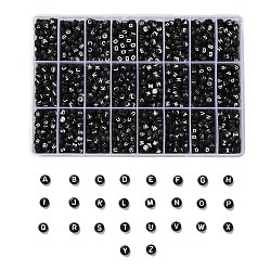 288g 26 perles acryliques noires de style, plat rond avec lettre blanche, lettre a ~ z, 7x4mm, Trou: 1.5mm