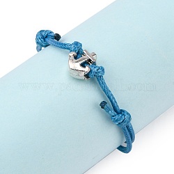 Bracelets réglables en fils de coton ciré, avec les accessoires en alliage, ancre, argent antique, turquoise foncé, 3 pouce ~ 5-1/2 pouces (7.5~14 cm)