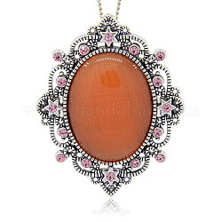 Antique Silver Tone Alloy Cat Eye Oval Big Pendants, with Rhinestones, Coral, 67x53x6mm, Hole: 3mm