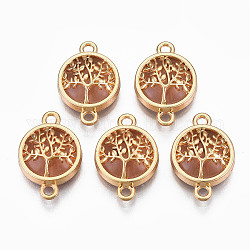 Glass Links connectors, with Light Gold Plated Alloy Findings, Flat Round with Tree, Salmon, 13.5x19.5x5.5mm, Hole: 1.6mm