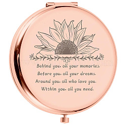 Espejo de personalización de acero inoxidable creatcabin 1pc, plano redondo con flor y palabra, con 1 bolsa de terciopelo rectangular, oro rosa, espejo: 7x6.5 cm