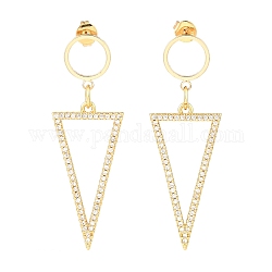 Brass Micro Pave Clear Cubic Zirconia Dangle Stud Earrings, with Ear Nuts, Triangle with Ring, Golden, 47mm, Pin: 0.8mm