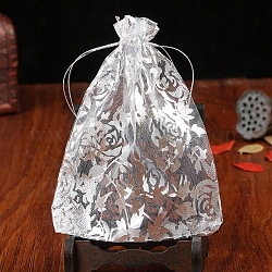 オーガンジー巾着ジュエリーポーチ  結婚披露宴のギフトバッグ  金箔押し花柄の四角形  銀  9x7cm
