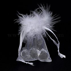 Organza Beutel Geschenkbeutel, mit Kordelzug und Feder, Schmuckbeutel Taschen, für Hochzeitsfeier Süßigkeiten Netzbeutel, Rechteck, weiß, 9x7.5x0.05 cm