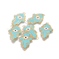 Liens de perles de rocaille japonaises miyuki & toho, motif de tissage, hamsa main / main de fatima / main de miriam, avec le mauvais œil, turquoise, 28~28.5x20~20.5x1.7mm, Trou: 2.5mm