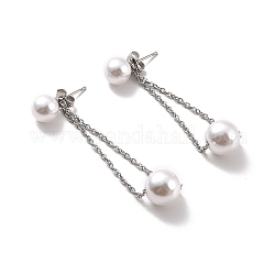 Lunga catena con orecchini pendenti rotondi di perle di plastica, 304 orecchini pendenti in acciaio inossidabile da donna, colore acciaio inossidabile, 55x8mm, ago :0.7mm