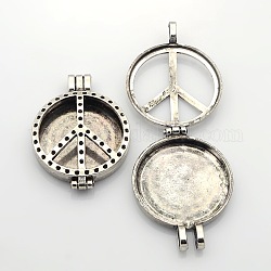 Hollow Peace Sign Flat Round Photo Frames Alloy Diffuser Locket Pendants, Without Glass Cover, Nickel Free, Antique Silver, Tray: 30mm, 44x33x9mm, Hole: 4mm