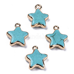 Star Synthetic Turquoise Pendants, with Light Gold Plated Brass Edge and Loop, Dyed, 17~19x15x5mm, Hole: 1.8mm