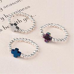 Cross Non-Magnetic Synthetic Hematite Beaded Stretch Rings, Mixed Color, 20mm