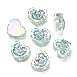 Placage uv perles acryliques irisées arc-en-ciel, avec de la poudre de paillettes, coeur avec motif ours, bleu acier, 17.5x20x9mm, Trou: 3.5mm