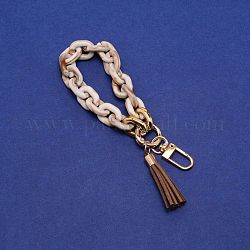 Porte-clés bracelet bracelet acrylique, avec les accessoires en métal, lanière porte-clés, avec pompon et chaîne croisée, or, 23.2 cm