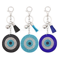 Globleland 3Pcs 3 Colors Mcrofibre Handmade Turkish Evil Eye Rhinestone Pendant Keychain with Tassel Charm, for Handbag Backpack Car Key Decoration, Mixed Color, 15.8cm, 1pc/color