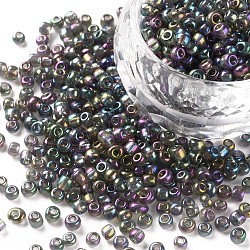 (servicio de reempaquetado disponible) perlas redondas de vidrio, colores transparentes arco iris, redondo, gris oscuro, 8/0, 3mm, aproximamente 12 g / bolsa