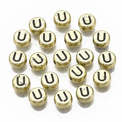 Plating Acrylic Beads, Horizontal Hole, Flat Round with Letter, Golden Plated, Black, Letter.U, 7x4mm, Hole: 1.2mm.