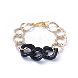 (venta de fábrica de fiestas de joyería)pulseras de cadena, con cadenas de aluminio para bordillos, anillos de enlace de acrílico y cierres de palanca de aleación, la luz de oro, negro, 7-5/8 pulgada (19.5 cm)