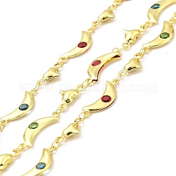 Handmade Brass Glass Link Chain, Soldered, with Spool, Heart & Moon, Cadmium Free & Lead Free, Real 18K Gold Plated, Moon: 18x7x2mmm, Heart: 12x6.5x3mm