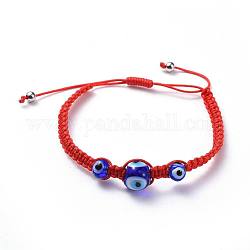 Bracciali di perline intrecciati con fili di nylon regolabili, con perle di malocchio realizzate a mano e 304 perline distanziate lisce in acciaio inossidabile, rosso, 1-7/8 pollice ~ 3-3/8 pollici (4.7~8.4 cm), 4mm