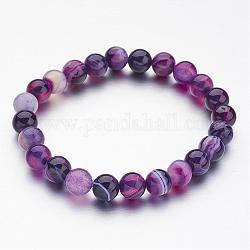 Natural Striped Agate/Banded Agate Beaded Stretch Bracelets, Round, Purple, 2-1/8 inch(55mm)