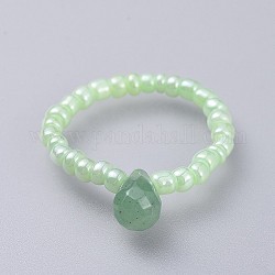 Bagues extensibles aventurine vert naturel, avec des perles en verre de graine, larme, taille 8, 18mm
