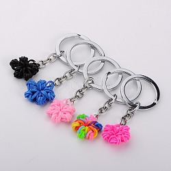 Rubber Loom Band Flower Keychain, with Platinum Plated Alloy Key Clasp Findings, Mixed Color, 80mm