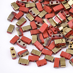 Electroplate Opaque Glass Seed Beads, 2-Hole, Rectangle, Red, 4.5~5.5x2x2~2.5mm, Hole: 0.5~0.8mm