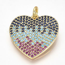 Ottone micro spianare pendenti zirconi, con anelli di salto, cuore, colorato, oro, 22.5x21.5x2mm, Foro: 3 mm