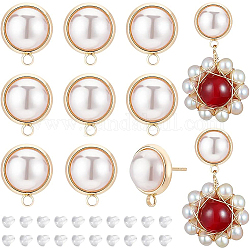 BENECREAT 12Pcs Brass Dome/Half Round Stud Earring Findings, with Horizontal Loops and ABS Plastic Imitation Pearl Beads, 30Pcs Plastic Ear Nuts, Nickel Free, Real 18K Gold Plated, 15.5x13mm, Hole: 1.8mm, Pin: 1mm