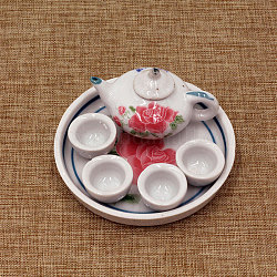 Porcelaine miniature théière tasse plat set ornements, accessoires de maison de poupée de jardin paysager micro, faire semblant de décorations d'accessoires, fleur, 13~80mm, 6 pièces / kit