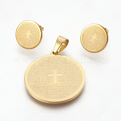 304 Stainless Steel Pendants and Ear Studs Jewelry Sets, Flat Round with Word, Golden, 33x30x2mm, Hole: 5x7mm, 15x1.5mm, Pin: 0.7mm