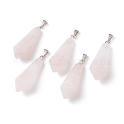 Naturelle quartz rose a pendentifs, avec boucles en laiton plaqué platine, balle, 35.3~38x13~14mm, Trou: 6.5x2.8mm